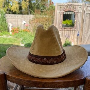 Vintage YA Youngan Western Cowboy Hat with Brown Embroidery Band - Size 7-7 1/8